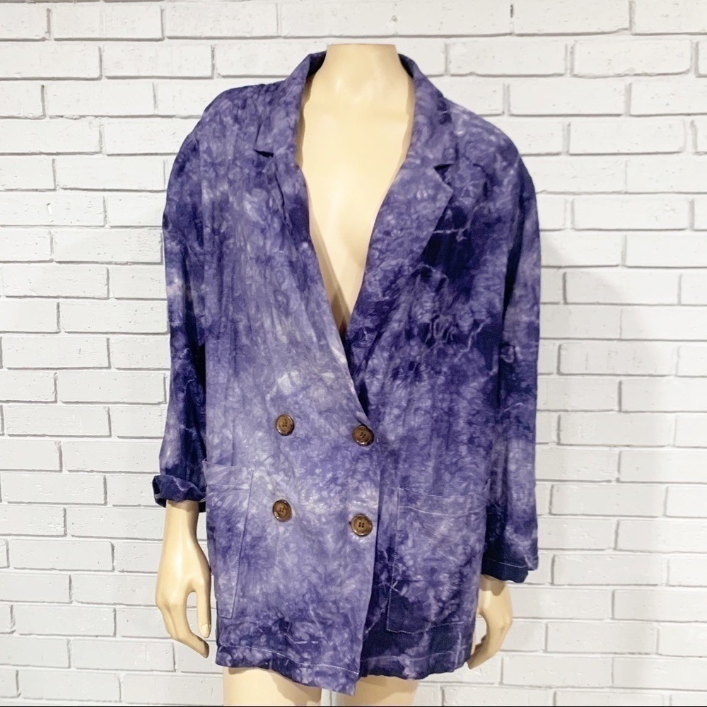 Anthropologie Amadi Purple Tie Dye Oversized Double Breasted Linen Blend Blazer - Picture 2 of 11